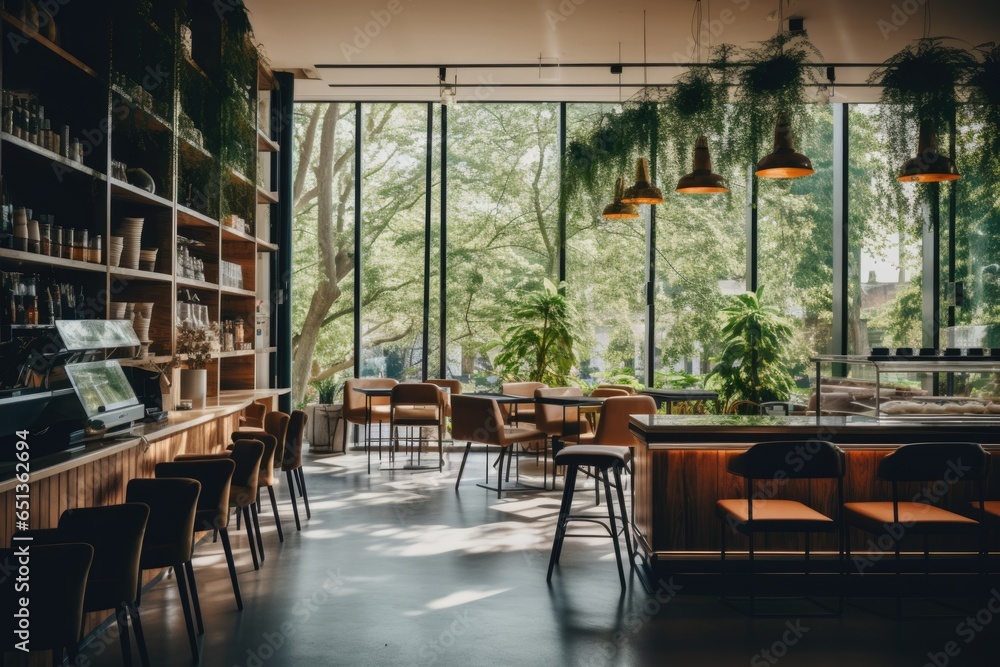 Interior of a modern and contemporary cafe located in the city with plenty of natural light entering from the big windows