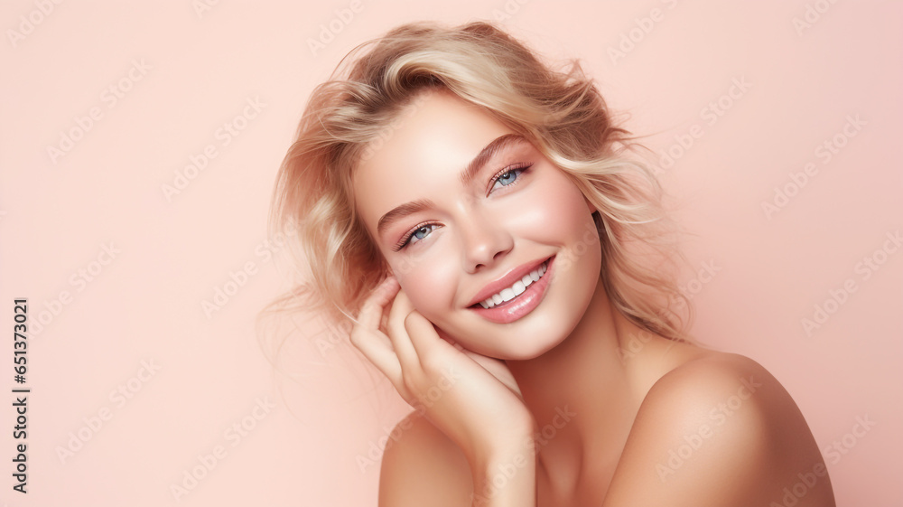 Beautiful young woman on a pink colored background