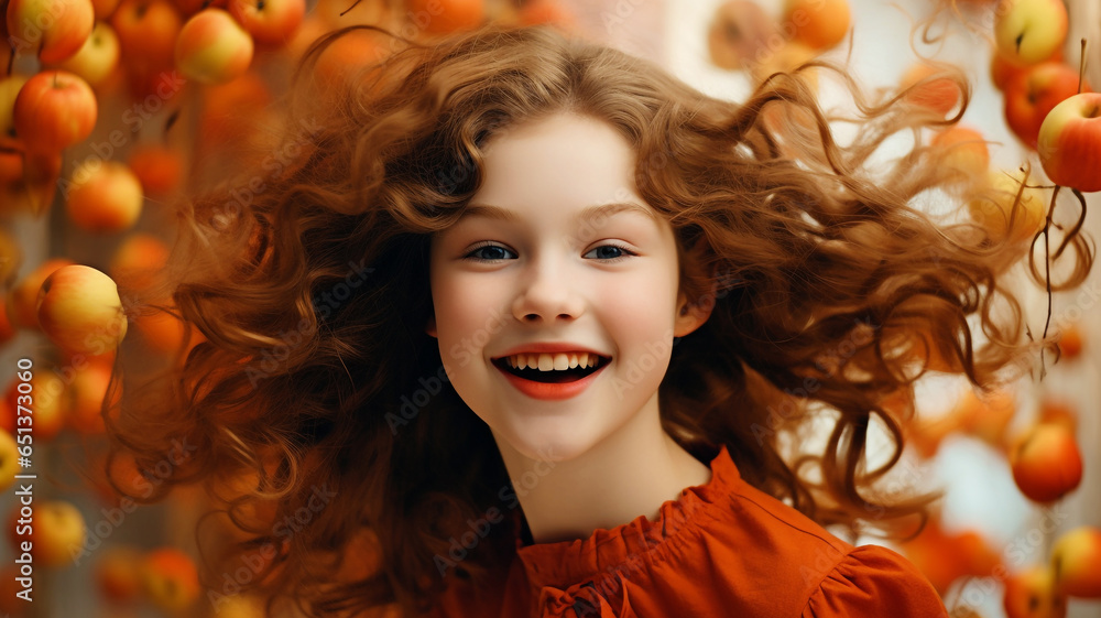 Happy little girl with red apples