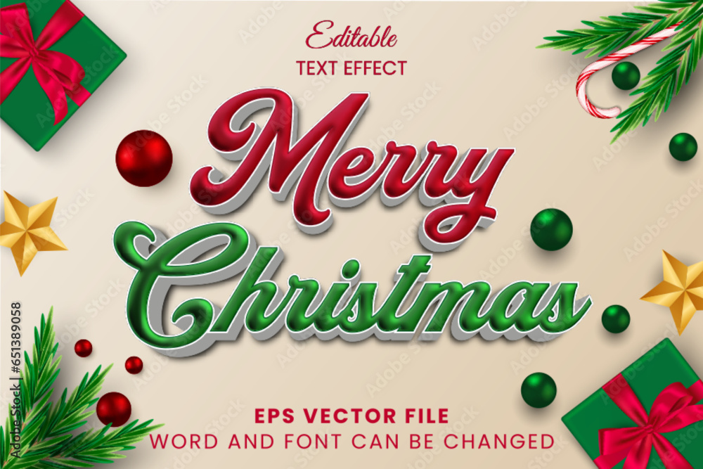 Merry christmas greeting 3d editable vector text effect