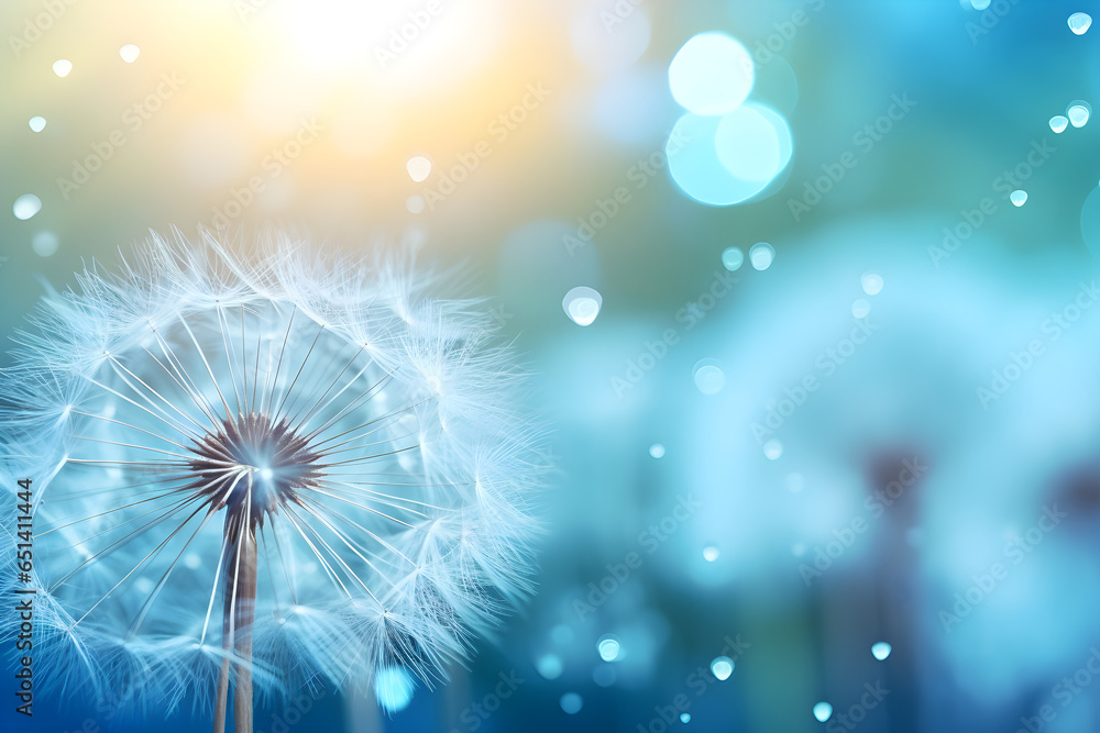 Dandelion with droplets of rain water on blue and turquoise beautiful background with soft focus in nature macro. Drops of dew sparkle on dandelion in rays of light