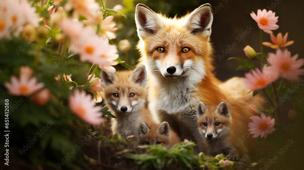 Mother fox with her cubs surrounded by flowers