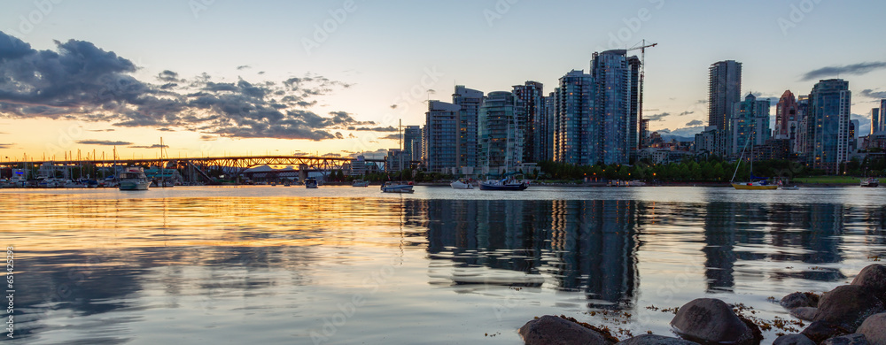 False Creek in downtown Vancouver, British Columbia, Canada. Panorama. Sunset