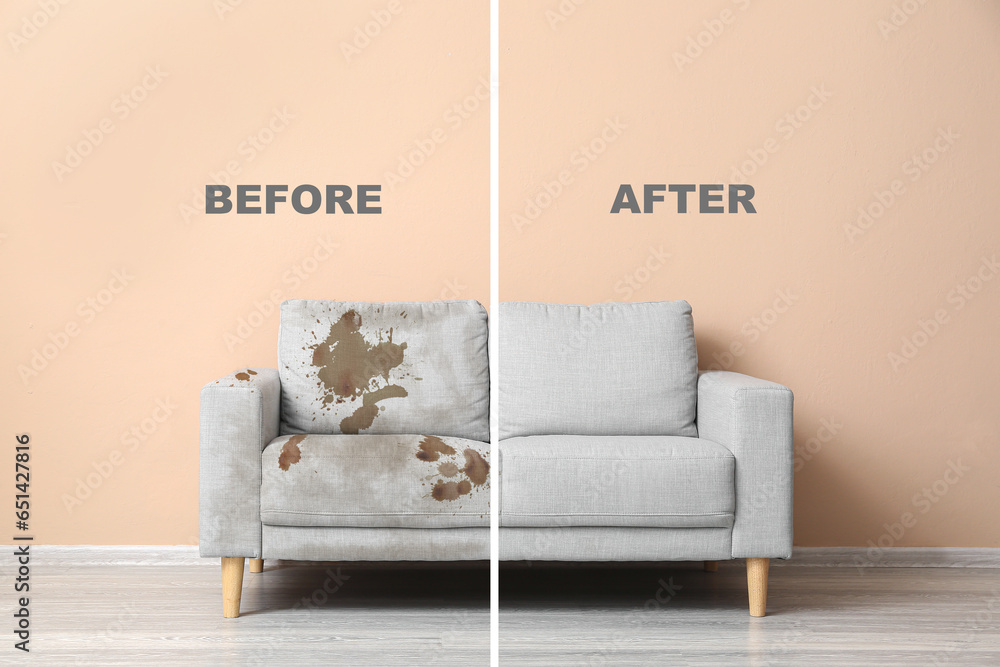 Grey sofa before and after dry-cleaning in room