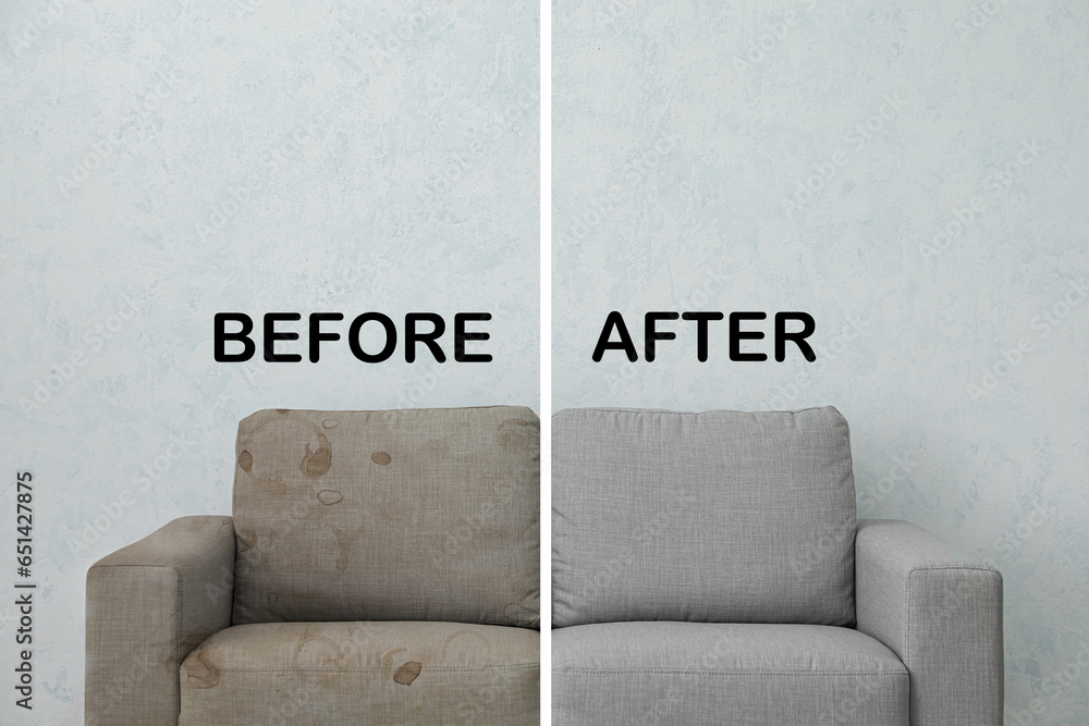 Grey sofa before and after dry-cleaning in room