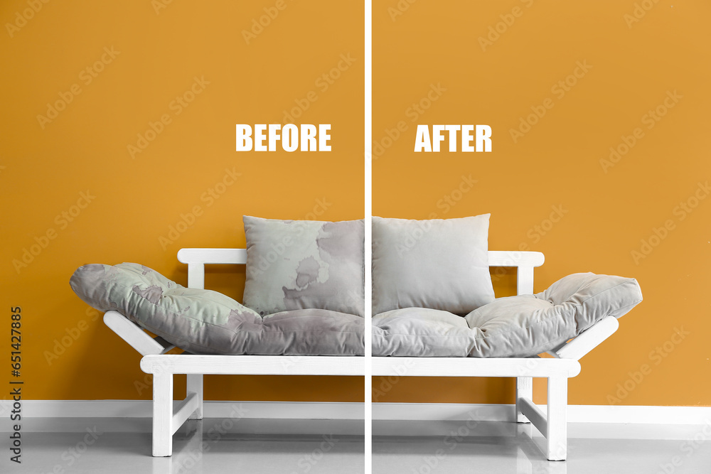 Grey sofa before and after dry-cleaning in room