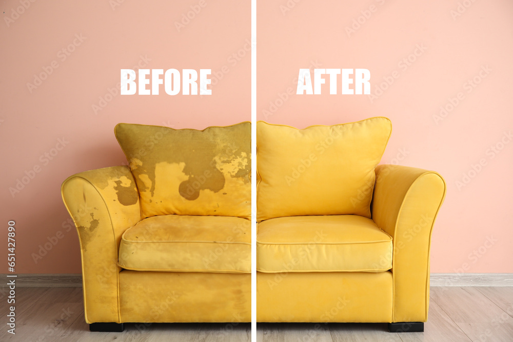 Yellow sofa before and after dry-cleaning in room