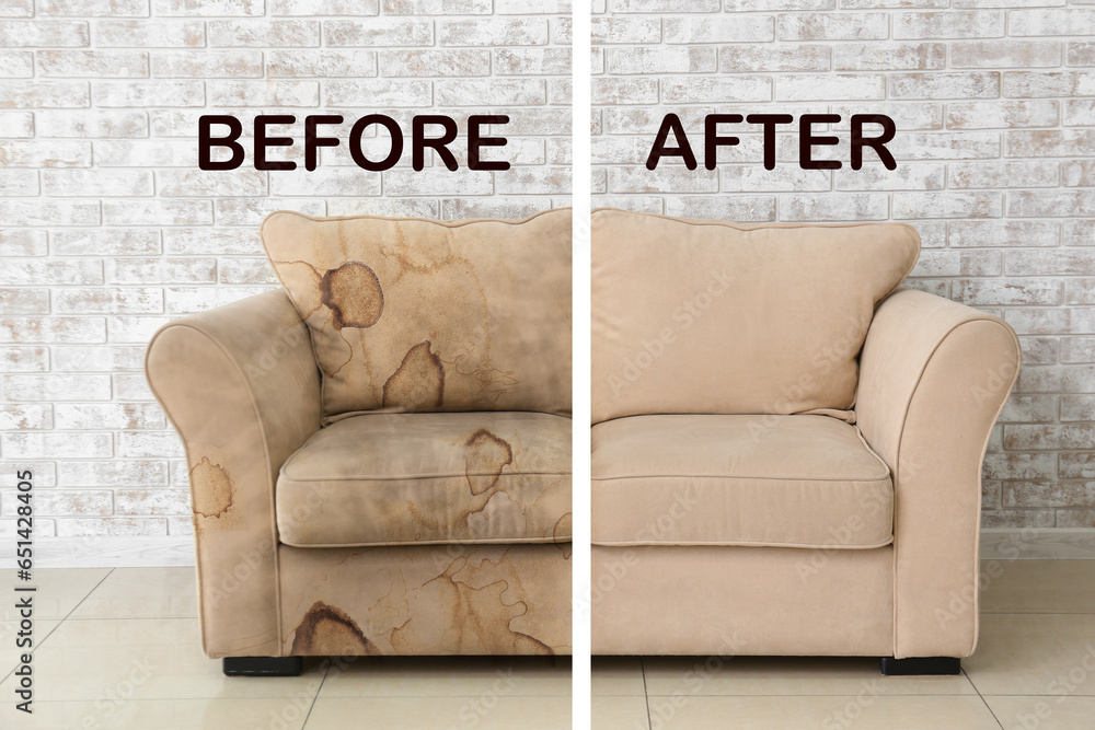 Beige sofa before and after dry-cleaning in room