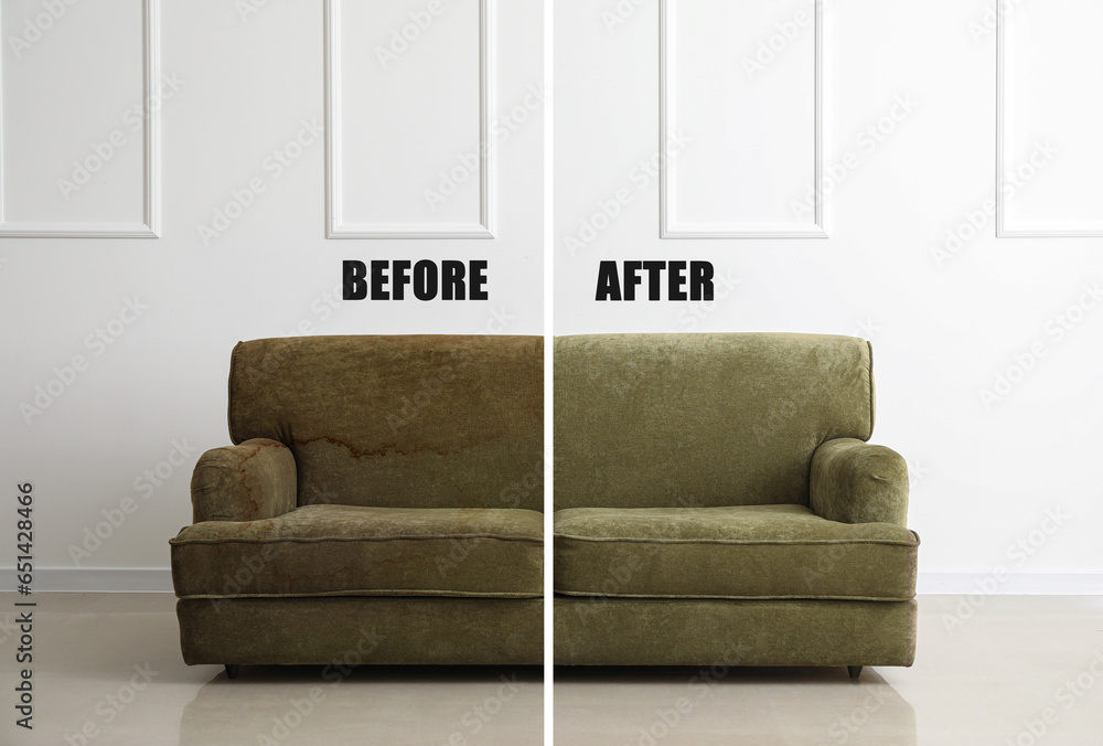 Sofa before and after dry-cleaning in room