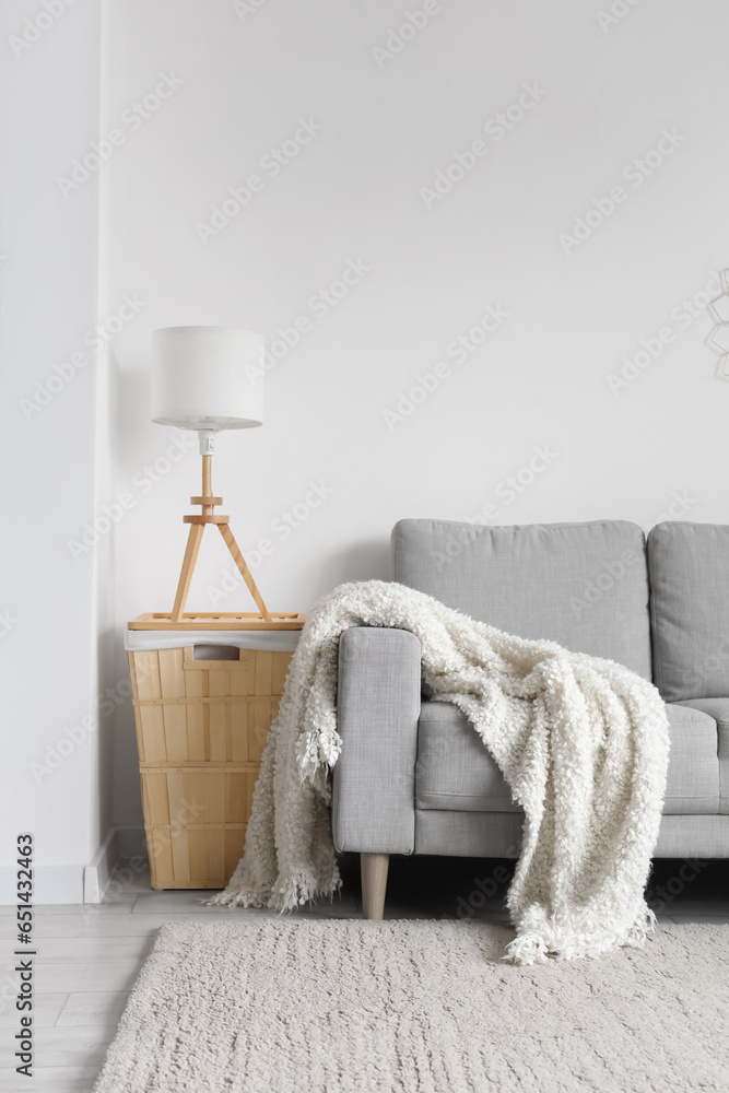 Cozy grey sofa with soft blanket in interior of light living room