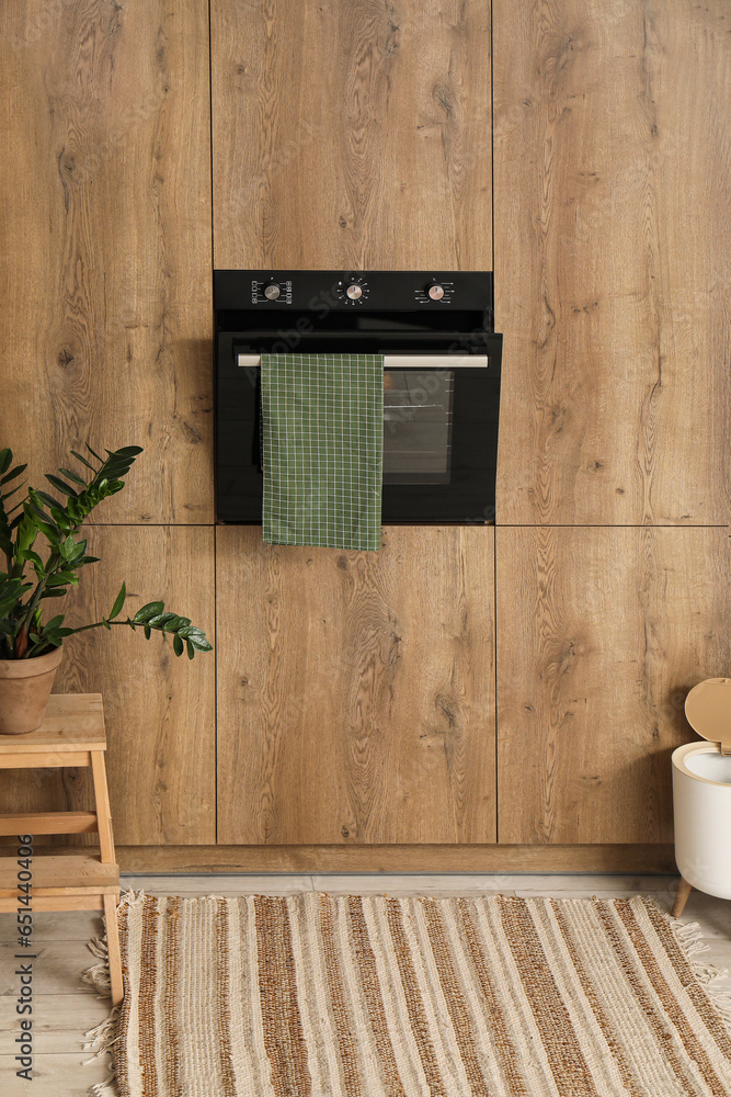 Stylish rug and trash bin near oven in modern kitchen