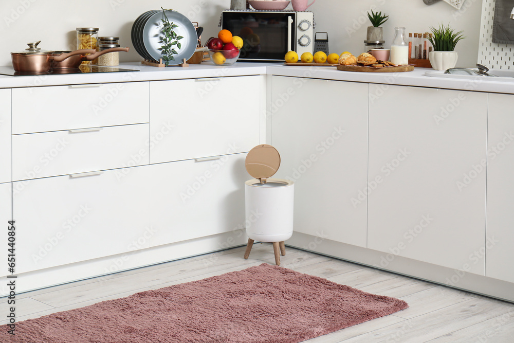 Interior of modern kitchen with stylish rug, trash bin and white counters