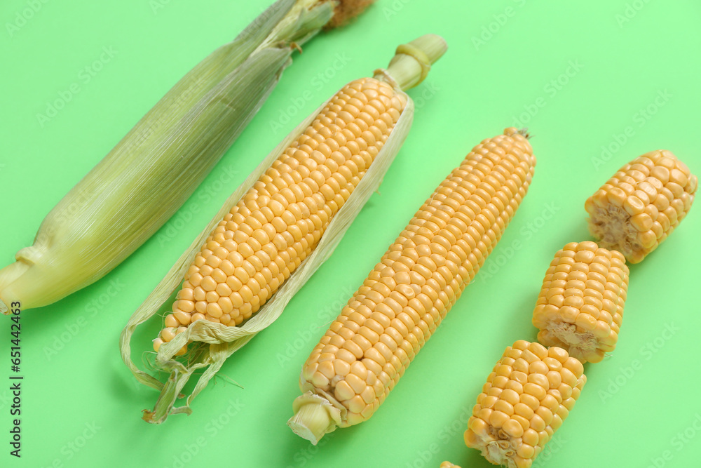 Fresh corn cobs with husk on green background