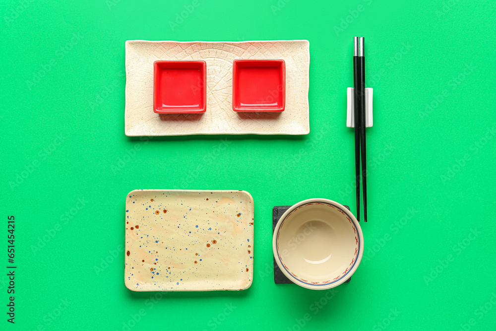 Chinese table setting on green background