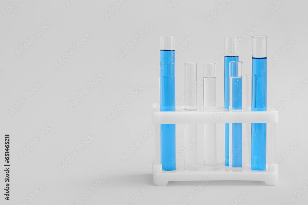 Test tubes with samples in stand on grey background