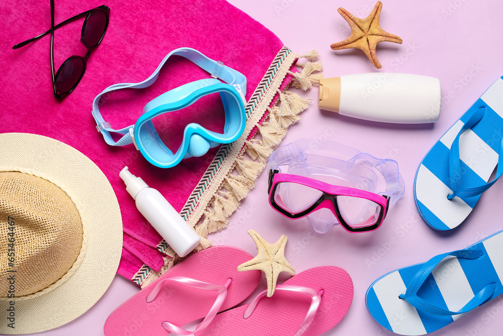 Composition with different beach accessories and cosmetic products on color background