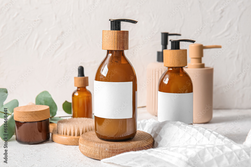 Bottles of shampoo on table