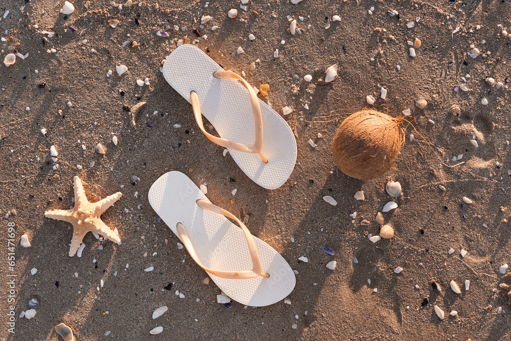 Stylish female flip flops, starfish and coconut on sand