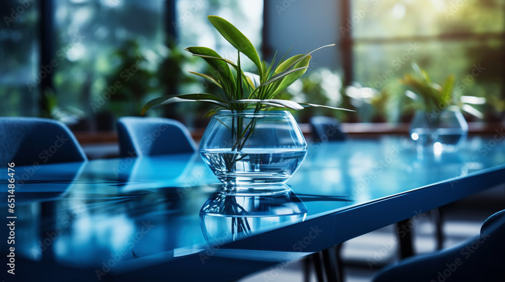 Modern minimalist corporate conference room with glass table in blue shades. Generative AI