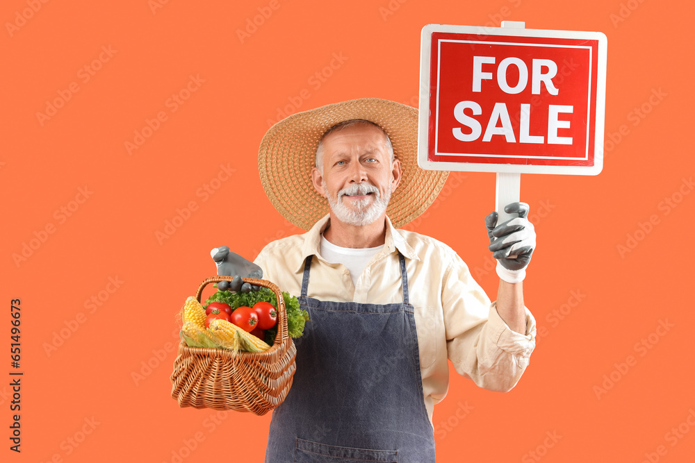 Mature male farmer with wicker basket of different ripe vegetables and FOR SALE sign on orange background