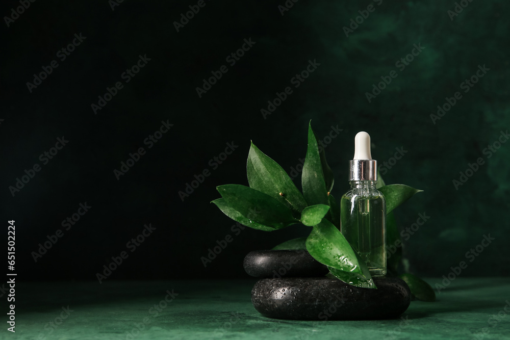 Bottle with essential oil, spa stones, branch and flower on green background