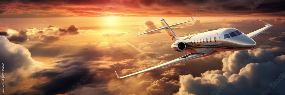 Luxury private jet flying above the clouds, beautiful sunset on background. Travel and airplane concept. Generative AI