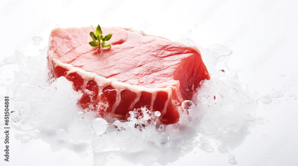 Slices of tuna fish on the ice cubes. Fresh fish fillet. Seafood background. Generative AI