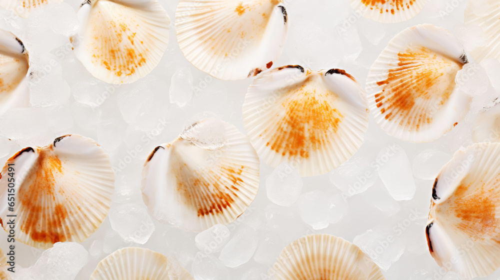 Raw fresh scallops on ice cubes. Seafood background. Generative AI