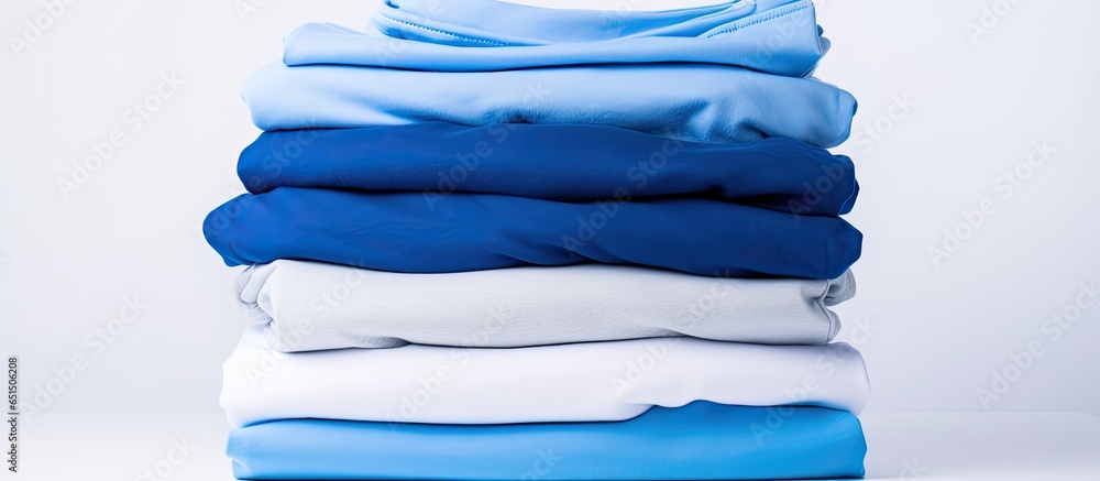 Arranging blue and white clothing on a white background