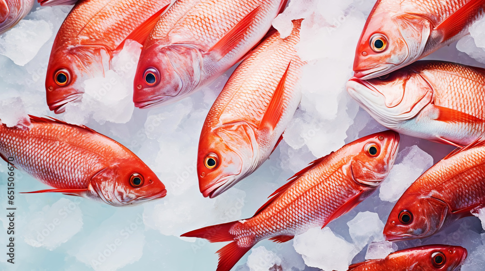 Red snapper fish catch in ice cubes. Seafood background. Generative AI