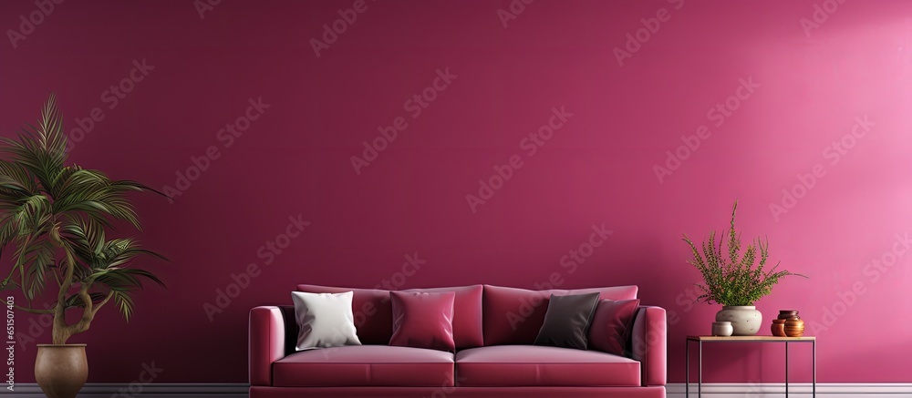 the trend color in luxury living lounges is Viva magenta The art wall mockup is painted in a crimson red burgundy shade while the interior design of the modern room is blank The accent color