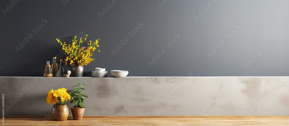 Contemporary kitchen with a and dark blue wall