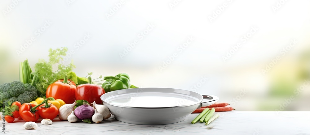 Fresh vegetables near a frying pan on a white stone table a big window in the background