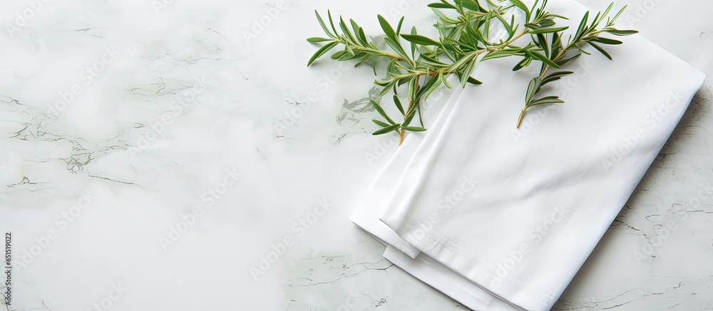 Green plant on marble table with folded linen napkin top view