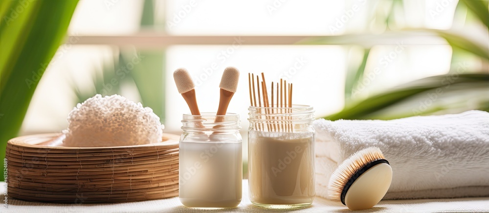 Close up of bathroom with eco friendly bamboo toothbrushes cup of facial cream organic coconut soap and towel