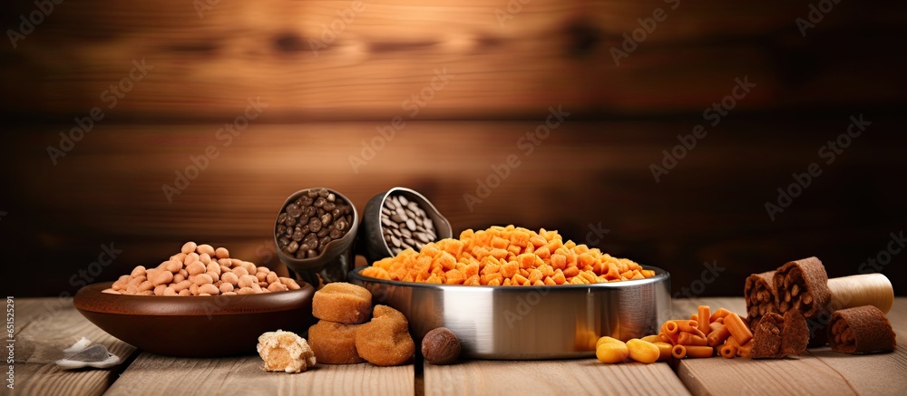 Closeup of pet care accessories and wet food bowl on wooden background