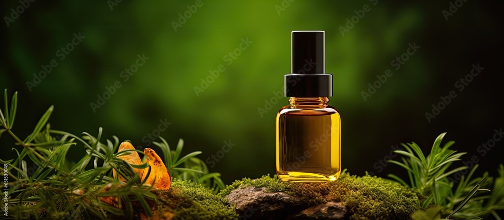 Amber glass bottle with natural elements on green background Organic skincare concept Eco friendly product