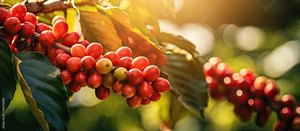 Arabica coffee berries ripening on tree in Thailand with blurred background