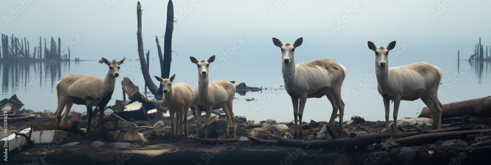 Group of gazelles on the mountaintop resting on ruins, Decay and garbage.