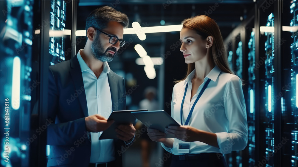 Two IT administrator man and woman using a digital tablet while working in a data centre.