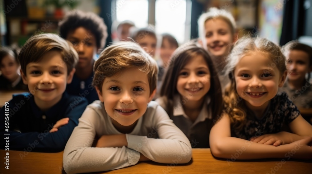 Group of children primary elementary school studying in the classroom, Learning and sitting at the desk.