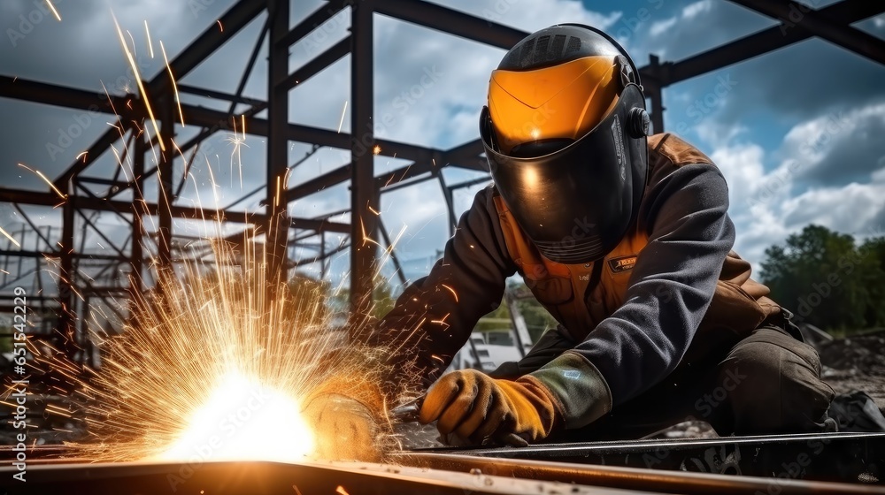 Construction worker weld metal with an arc welding machine at the construction site.