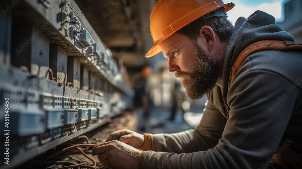 Electrician working on circuit breaker box at construction site.