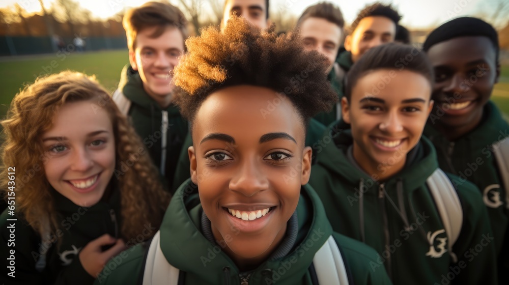 American African students selfie in the morning at school with football field behind them.