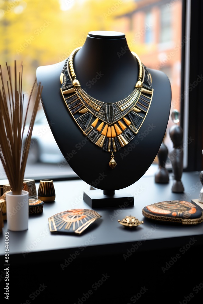 Beauty accessories, African necklaces and earrings placed on the table in front of a mirror.