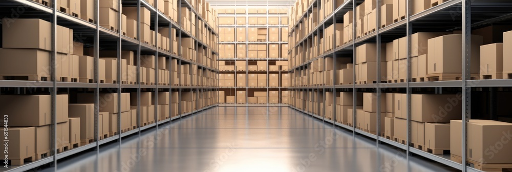 Modern storehouse, Cardboard boxes on storage warehouse shelves background.