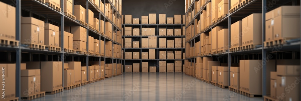 Modern storehouse, Cardboard boxes on storage warehouse shelves background.