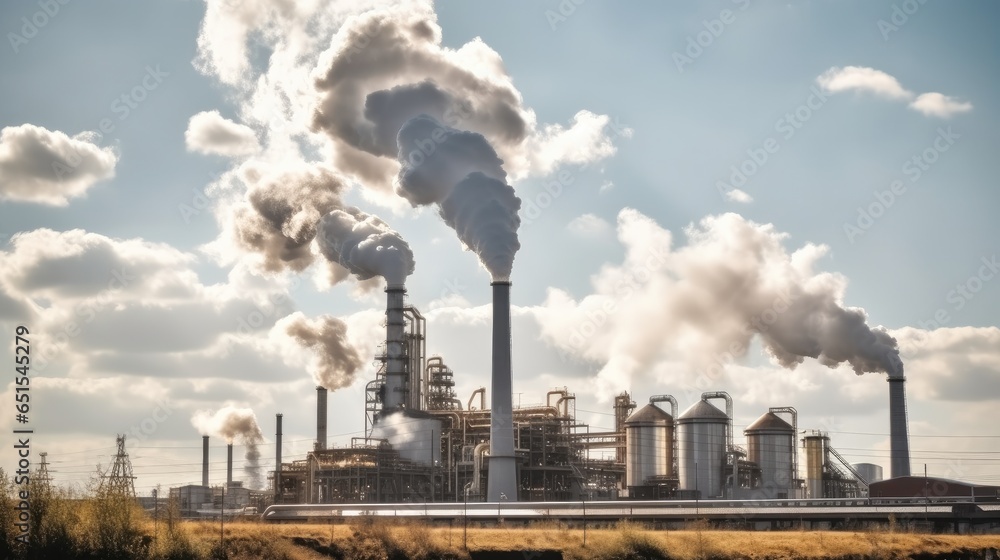 Chemical plant for the processing of chipboard and smokestack, industrial scene with smokestack and smoke.