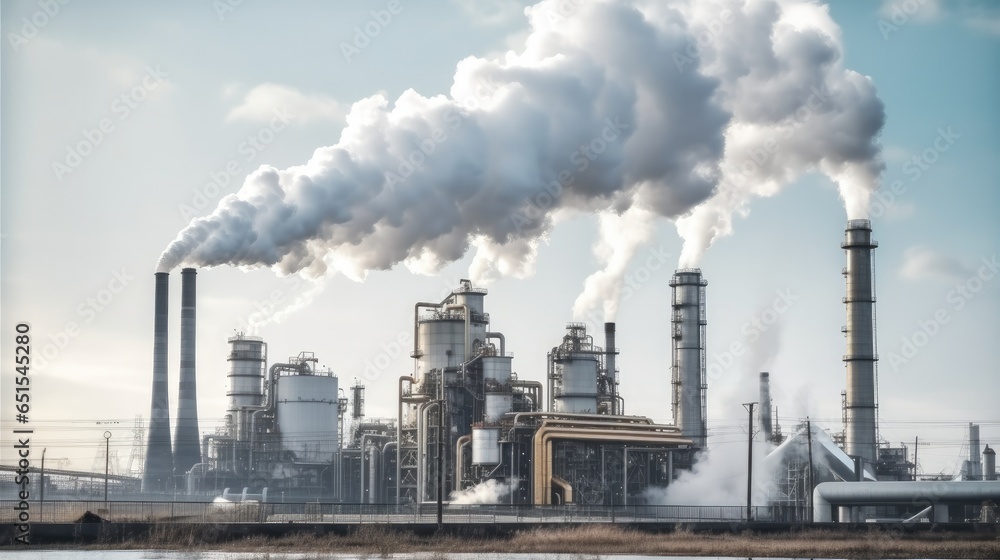 Chemical plant for the processing of chipboard and smokestack, industrial scene with smokestack and smoke.