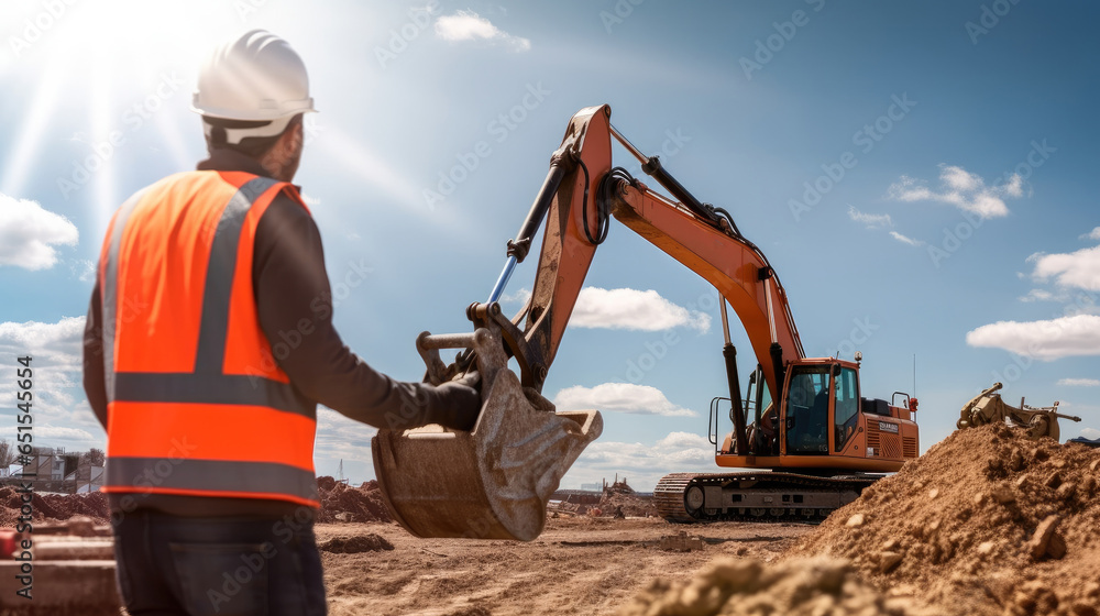 Engineer doing work with excavator at building site.